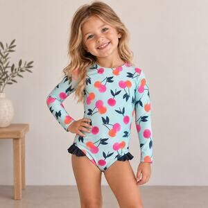 Bon Bon Blue Cherry Print Long Sleeve One Piece Swim Suit 1T
